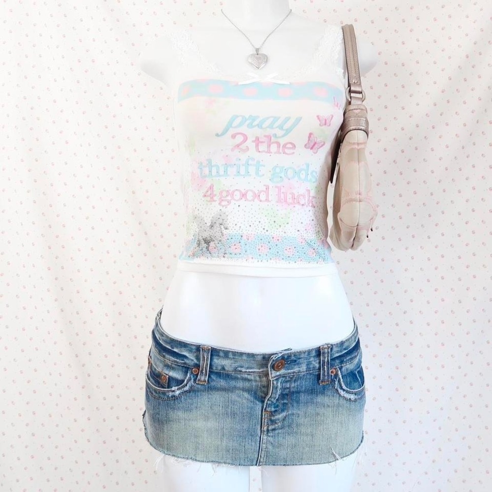 y2k pray 2 the thrift gods rhinestone lace trim cami tank coquette graphic top